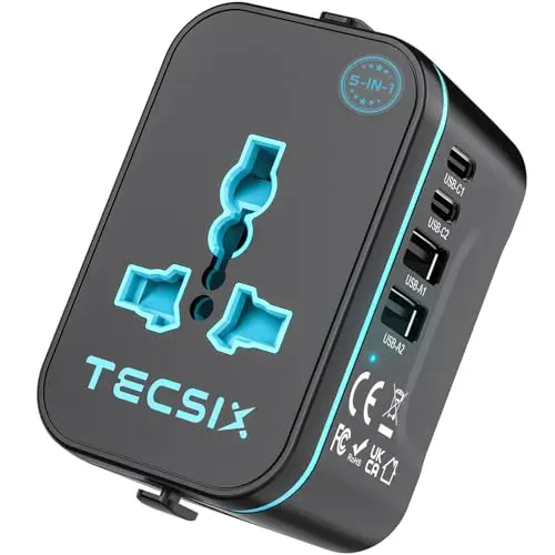 TECSIX compact universal travel adapter with blue accents