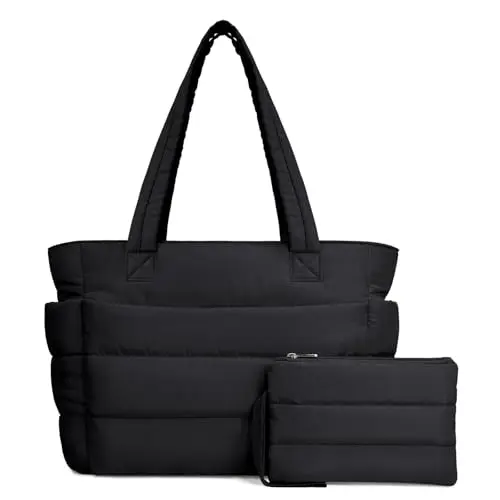 TOPDesign macaron-colored puffy quilted tote bag with a matching cosmetic pouch.