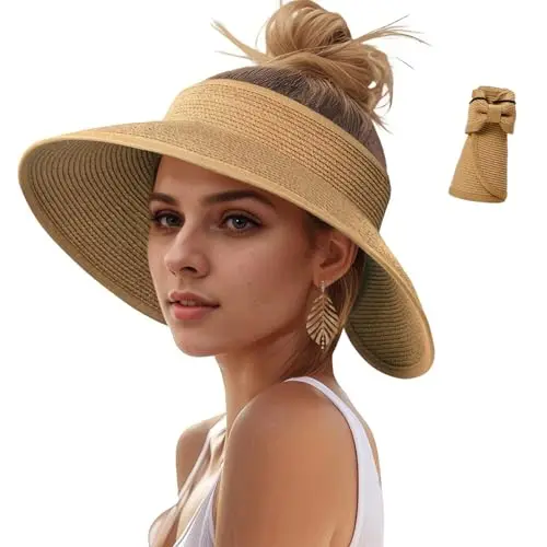 Khaki straw sun visor hat for women with a cute bow, rolled up for packing