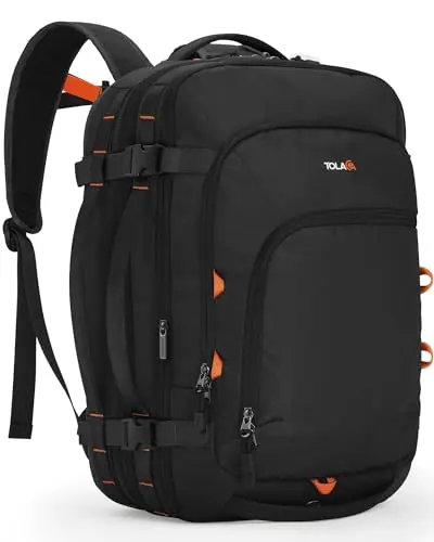 Tolaccea expandable travel backpack in black, shown as a carry-on