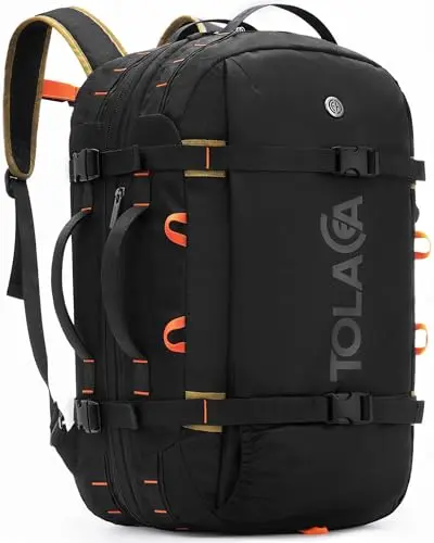 Tolaccea backpack showing three carrying modes: backpack, shoulder bag, and briefcase