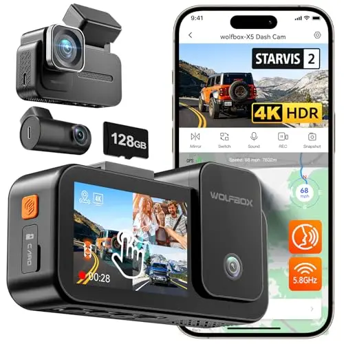 WOLFBOX X5 dash cam with touch screen display showing three camera feeds