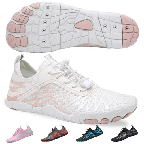 SIOSNETA white barefoot water shoes with a stylish pattern, shown on feet.