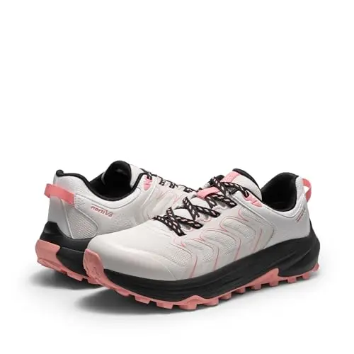 NORTIV 8 women's lightweight khaki hiking sneakers on a path