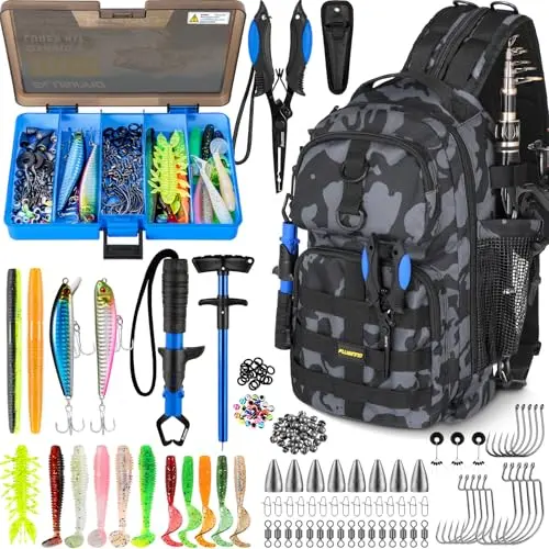 PLUSINNO Black Camo Fishing Backpack with included tackle boxes and tools