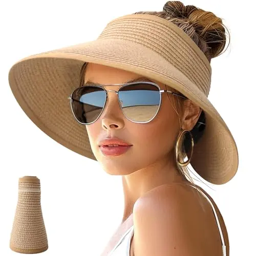 NPJY khaki straw visor hat rolled up for packing