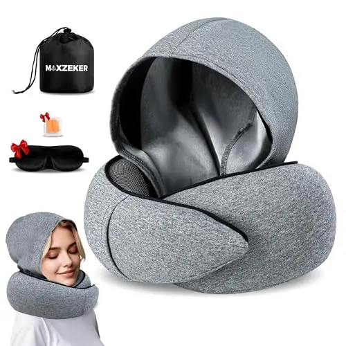 Maxzeker airplane pillow with memory foam and a small hood in gray.