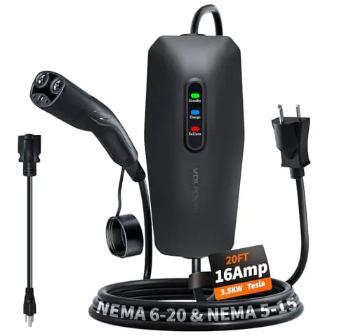 VDLPOWERVP black portable EV charger with LED indicators