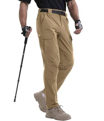 NATUVENIX men's lightweight hiking pants in light khaki, highlighting reinforced knees and multiple pockets.