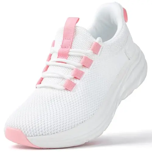 KOLILI white and pink breathable knit walking sneakers for women