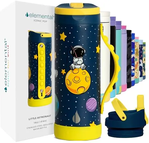 Elemental Iconic stainless steel kids water bottle with pop-it handle