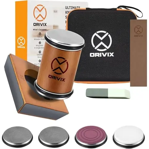 Orivix Rolling Knife Sharpener Kit with wooden roller and grit discs