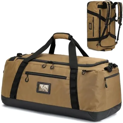 TUGUAN massive 120L brown duffel bag with backpack straps deployed.