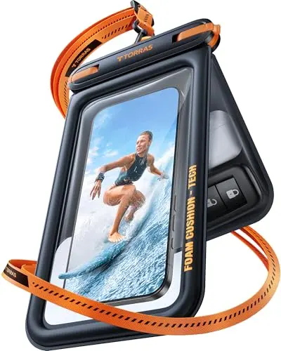 TORRAS black waterproof phone pouch with dual compartments floating in water