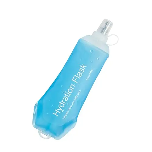 CLINTT blue 500ml foldable soft flask next to a hydration vest