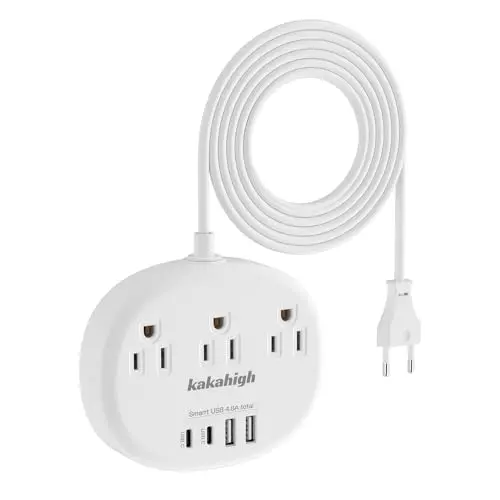 KAKAHIGH white European travel adapter with a short attached power cord