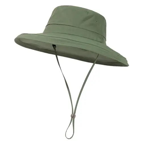 TOP-EX waterproof nylon bucket hat with a green wire brim and chin strap.