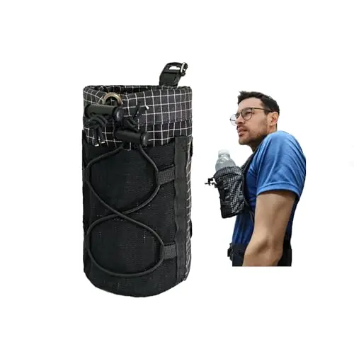 FIOTCEL small ultralight water bottle pouch attached to a backpack shoulder strap.
