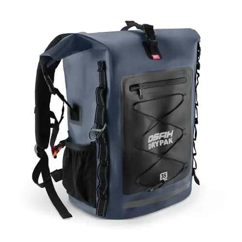 Heavy-duty 35L waterproof backpack with roll-top closure and reflective strips