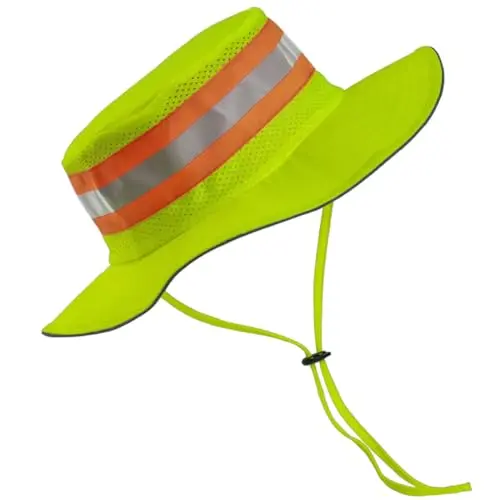Neon yellow wide brim boonie hat with reflective mesh crown