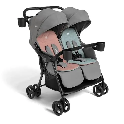 Joie Rosemary side-by-side double stroller in Nectar & Mineral color, showing compact fold.