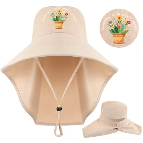 Shyyween beige embroidered sun hat with a detached neck flap and ponytail opening.