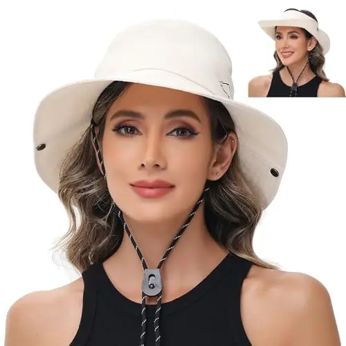 Beige women's bucket hat with zip-off top to convert into a visor