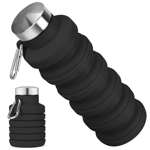 Rotayi black 16oz collapsible water bottle with aluminum carabiner