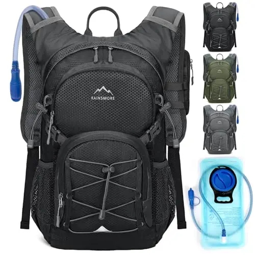 Black RAINSMORE hydration backpack with detachable rain cover