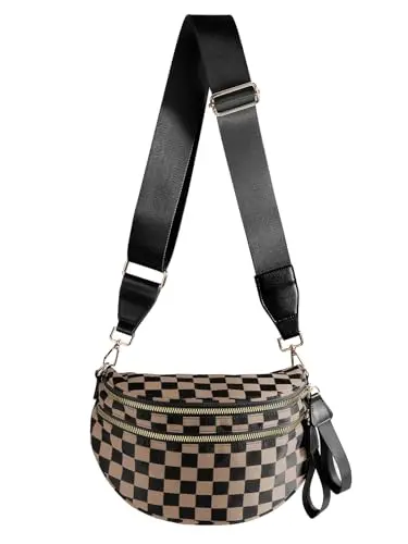 Black and white checkered crossbody bum bag with gold hardware