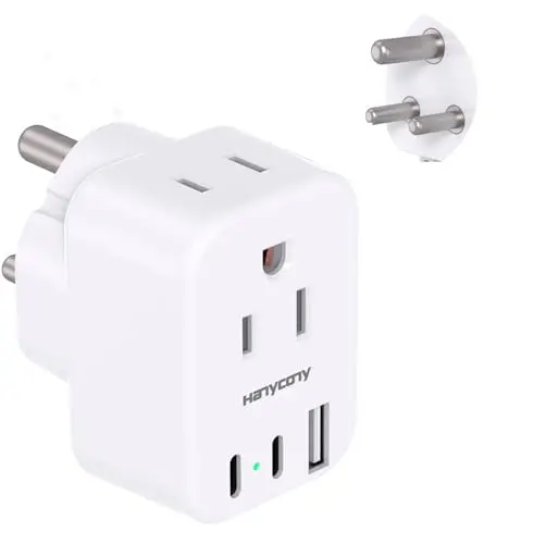 Compact white HANYCONY travel adapter with two outlets and USB-C ports