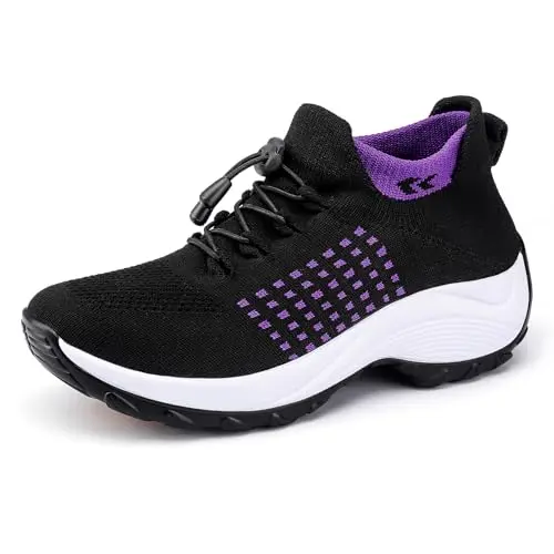 Lookyno Comfortable Breathable Women Walking Shoes in Black and Purple