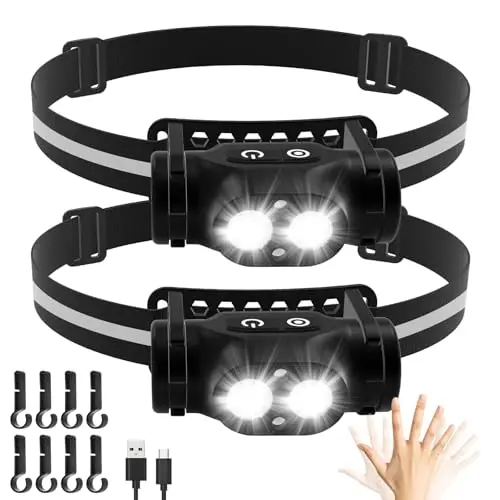 Two pack of AdamStar lightweight magnetic headlamps with reflective headbands