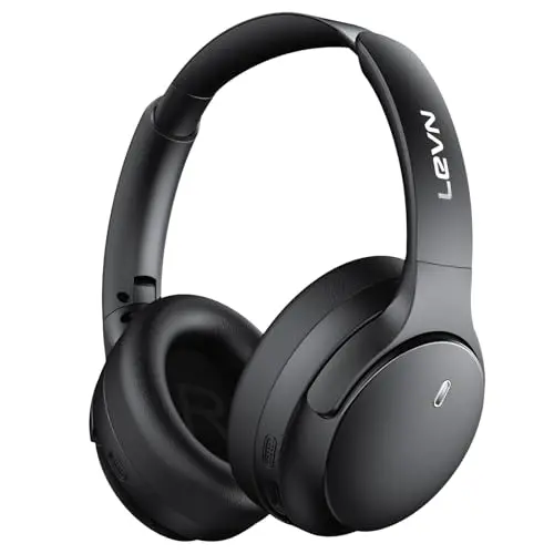 LEVN hybrid active noise cancelling over-ear headphones in black, folded on a table