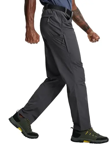 Tactical men's hiking cargo pants in dark grey, showing articulated knees and mesh ventilation ports.