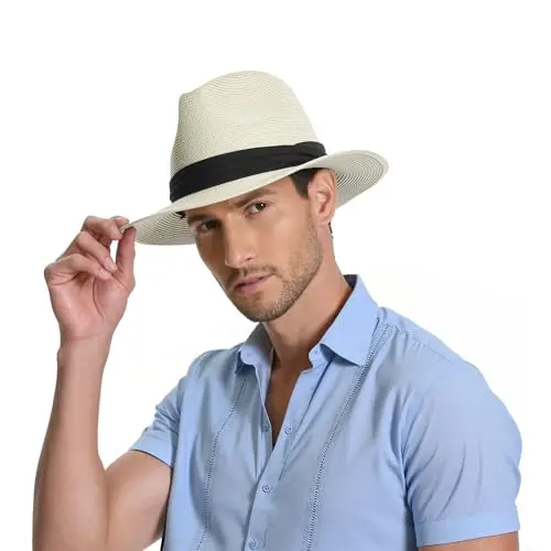 SAJUZEN cream straw fedora hat with wide brim