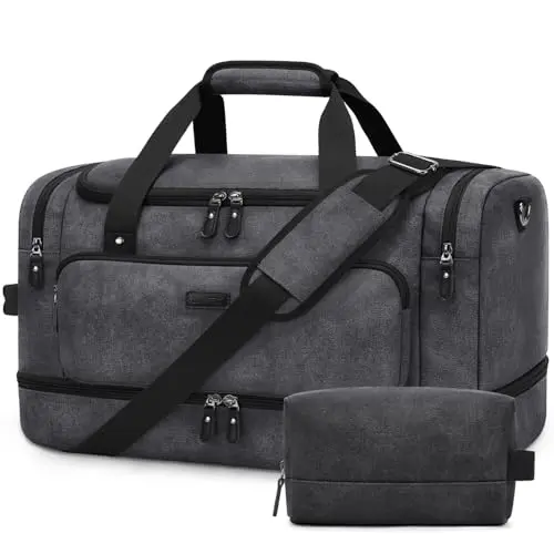 ZOMFELT 40L black waxed canvas duffel bag with toiletry bag