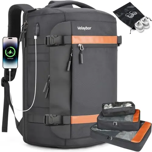 Velaybor 42L black travel backpack, featuring a USB port and showing included packing cubes.
