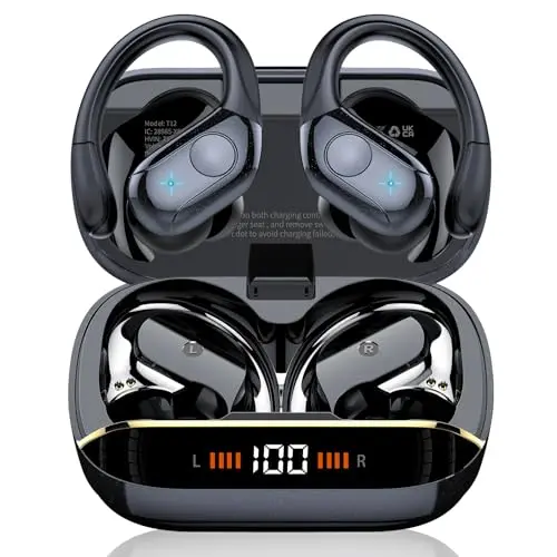 Qecnato black wireless sports earbuds with earhooks and LED display case