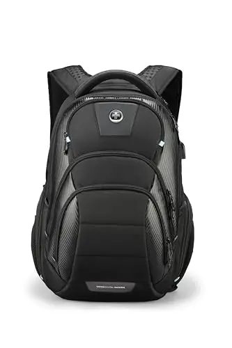 Swissdigital Design black travel backpack with tech features open on a table