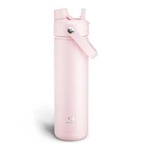 Encool insulated stainless steel water bottle in cotton candy pink with a straw lid