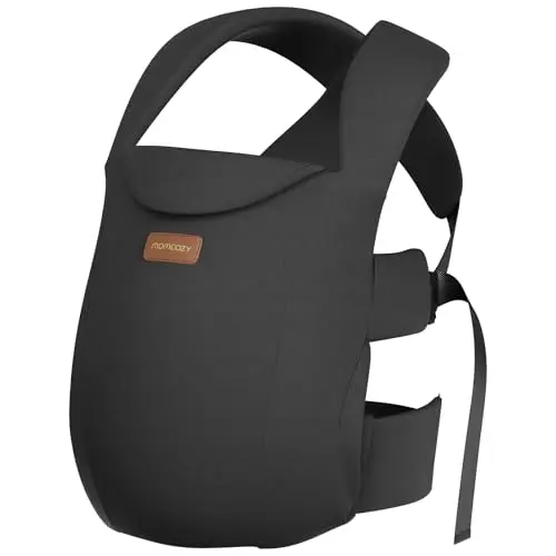 Momcozy WeeSnug newborn-specific baby carrier in black, highlighting its structured yet cozy design for infants.