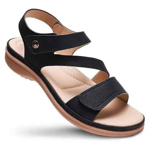 Littleplum women's flat sandals in black with double hook-and-loop straps and a textured sole