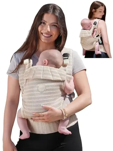 Grownsy breathable mesh baby carrier in almond beige, featuring dual-layer mesh and a quick-release buckle system.