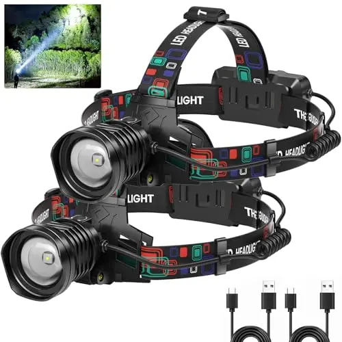 azamine two-pack of rechargeable headlamps with 90-degree tilt