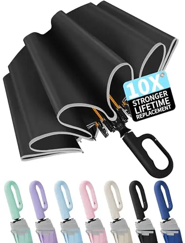 Seniny travel umbrella with carabiner clip handle and reflective strip