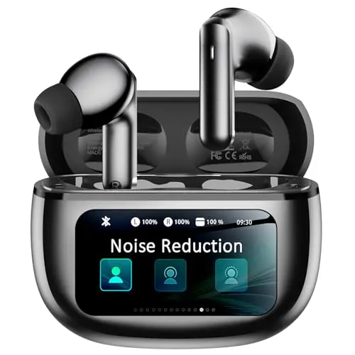Wyness T27 wireless earbuds with a smart touchscreen charging case on a table.