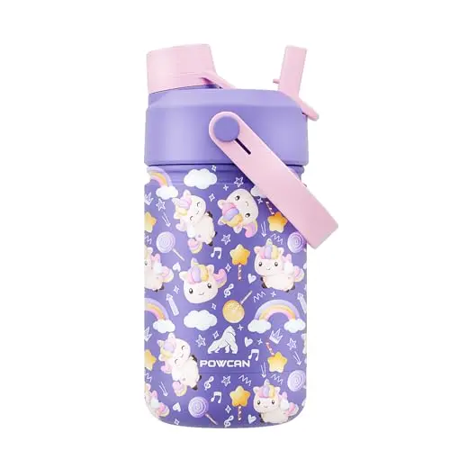 POWCAN unicorn-themed insulated stainless steel water bottle for kids
