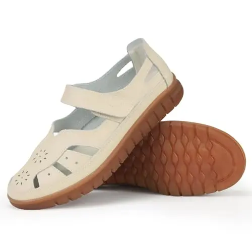 Classic women's beige genuine leather closed-toe fisherman sandal