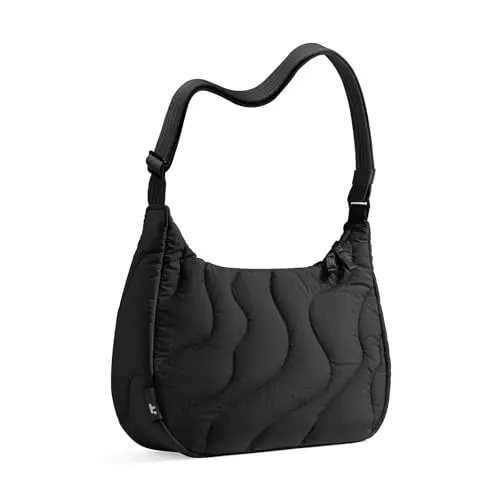 Tomtoc black puffer sling crossbody bag for women, with a crescent shape and multiple zippers